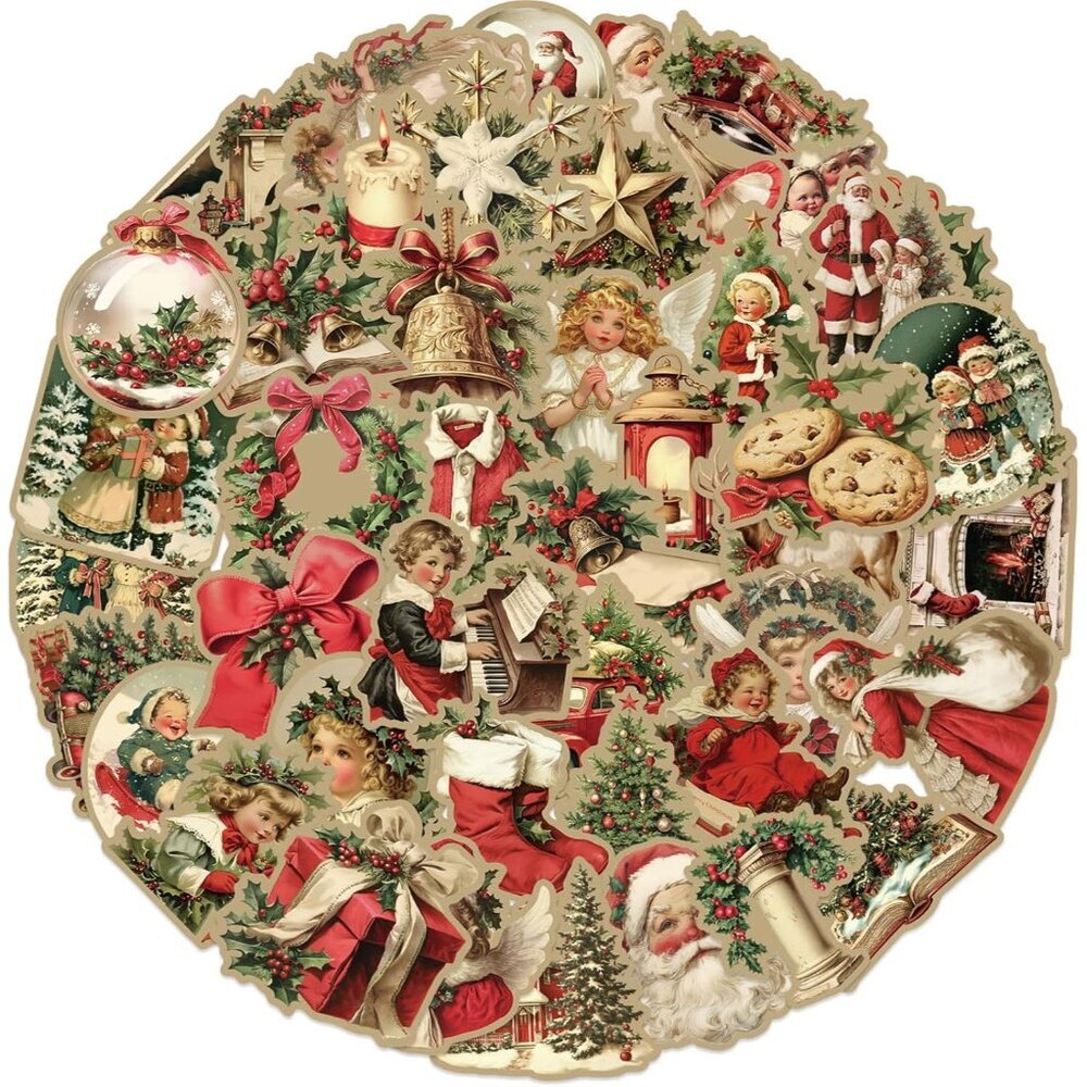 Unique Vintage Christmas Sticker Collection - 50 Reusable & Waterproof Pieces